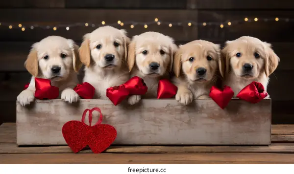 Five Adorable Golden Retriever Puppies in a Decorated Wooden Box