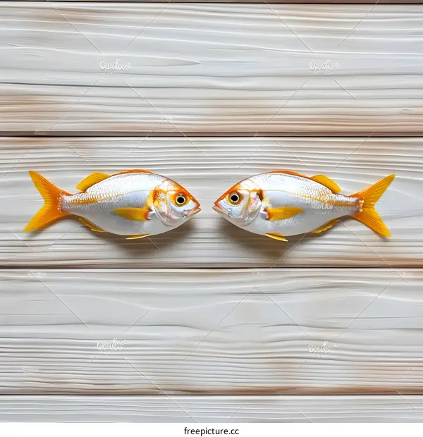 Two fish facing each other on a wooden background