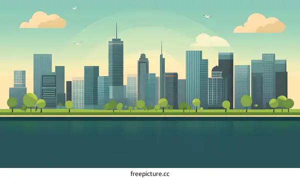City Skyline Illustration With Green Park