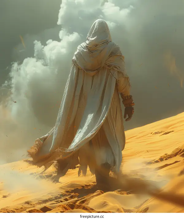 A person in a white cloak walking in the desert