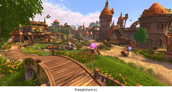 Fantasy Village Landscape with Wooden Bridge