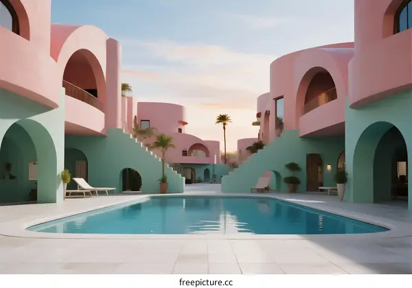 Colorful curved architecture with swimming pool under blue sky