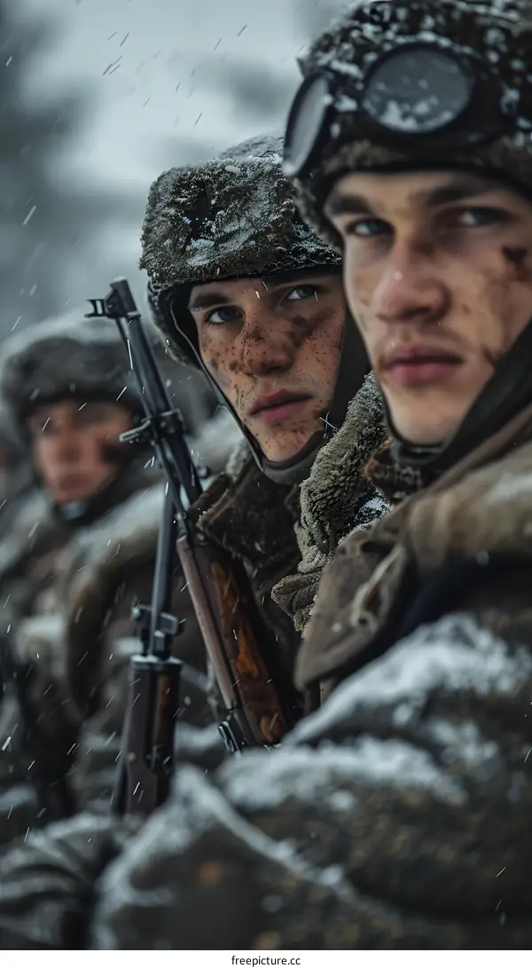 Close up of Soldiers in the Snow During a Wartime