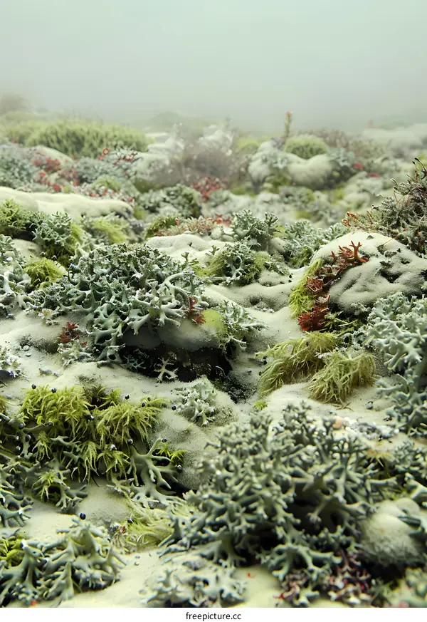 Close Up Of Green Moss And Lichen Growing On A Rock