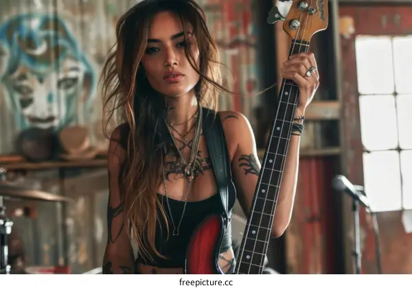 Portrait of a female musician playing a bass guitar