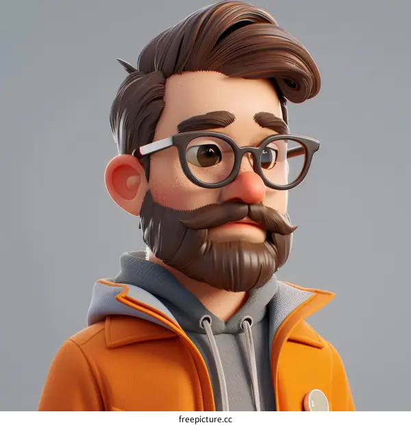 3D Cartoon Character of a Bearded Man with Glasses