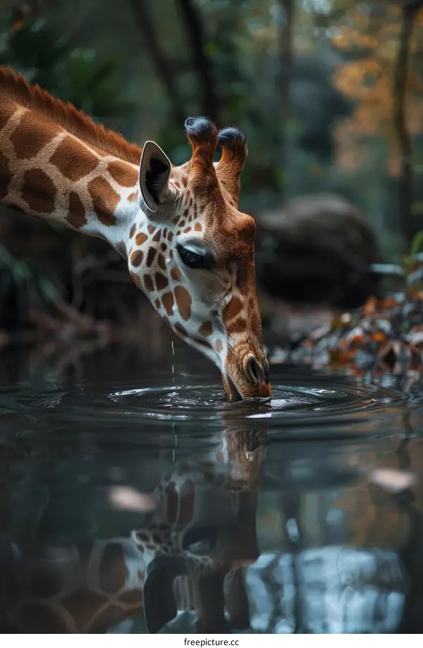 A Graceful Giraffe Quenches Its Thirst at a Waterhole Surrounded by Nature