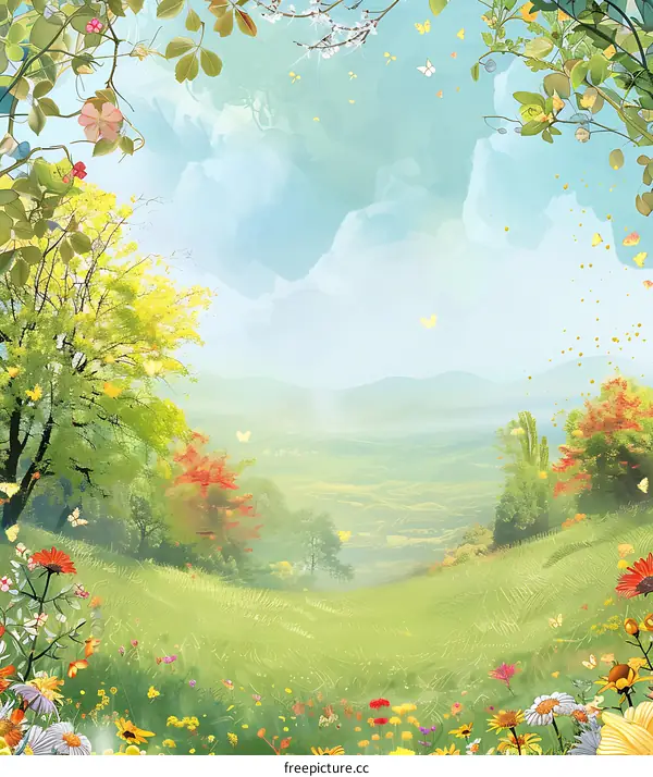 Springtime Landscape with Flowers and Butterflies