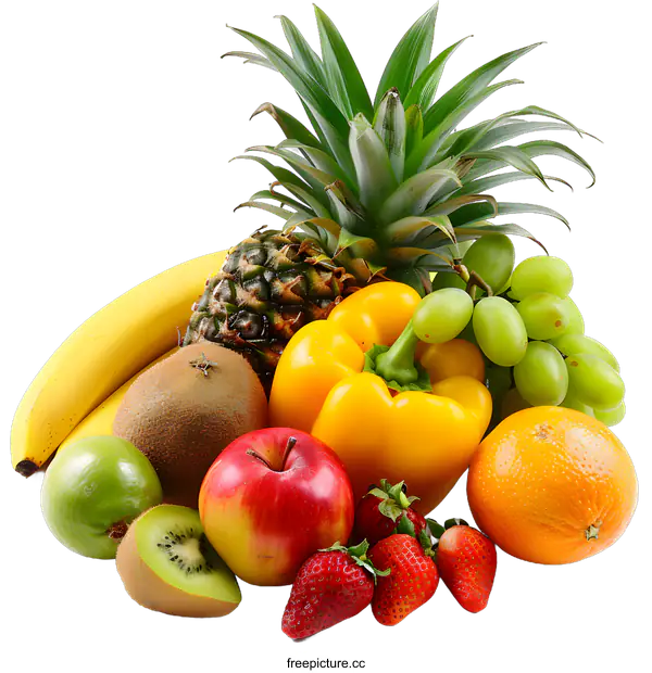 [Transparent Background PNG]Fresh Fruits Arrangement With Yellow Bell Pepper,  Pineapple, Kiwi,  Apple and Green Grapes