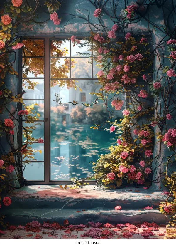 Pink Roses Blooming on an Old Window