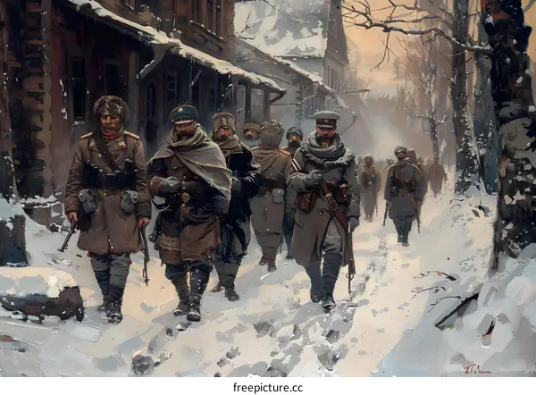 Russian Soldiers Marching Through Snow Covered Street