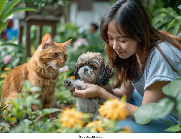 A young woman is petting a cat and a dog in a garden