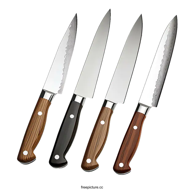 [Transparent Background PNG]Four Chef Knives with Wooden Handles