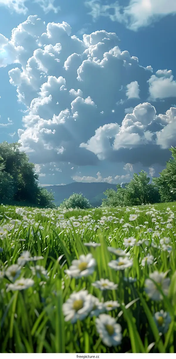 A field of green grass with white chamomile flowers in bloom