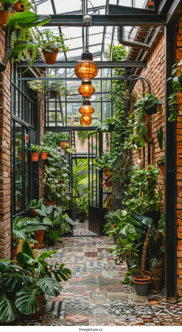 Greenhouse Plants Growing Inside With Brick Walls and Glass Roof