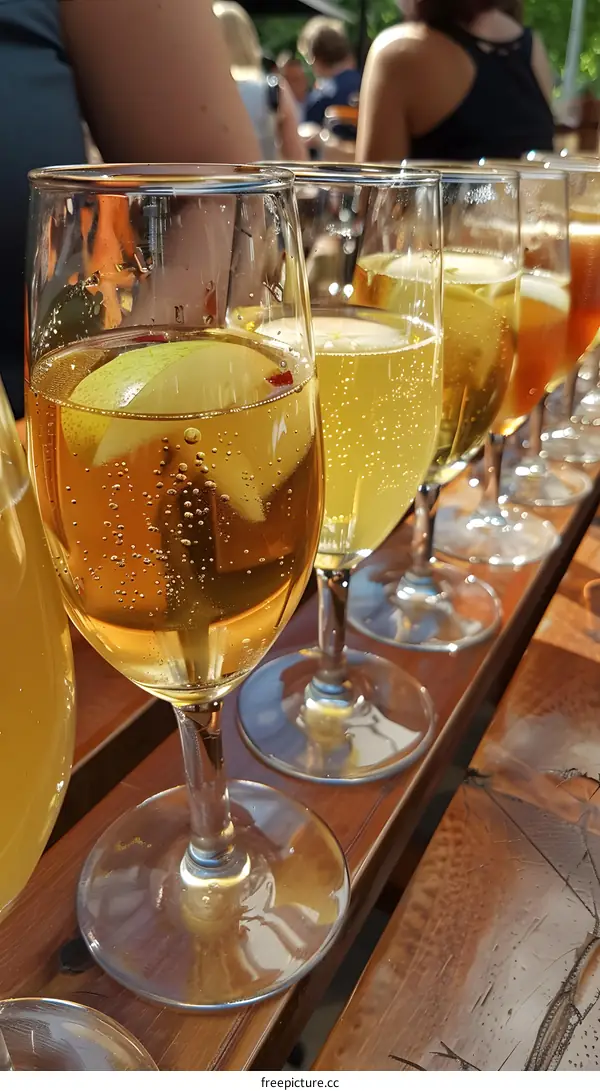 Row of Glasses Filled with Sparkling Wine with Lemon Slices