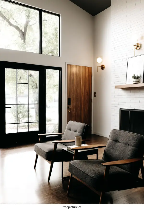 Modern Living Room with Dark Wood Furniture and Brick Fireplace