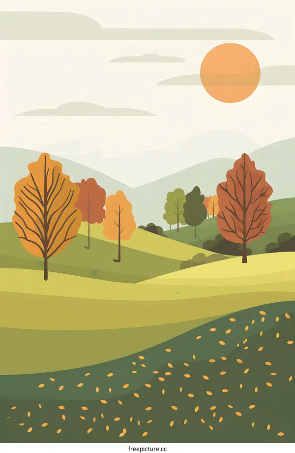 Autumn Landscape With Yellow Leaves Illustration