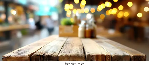 Rustic Wooden Table Top with Blurred City Food Market Background