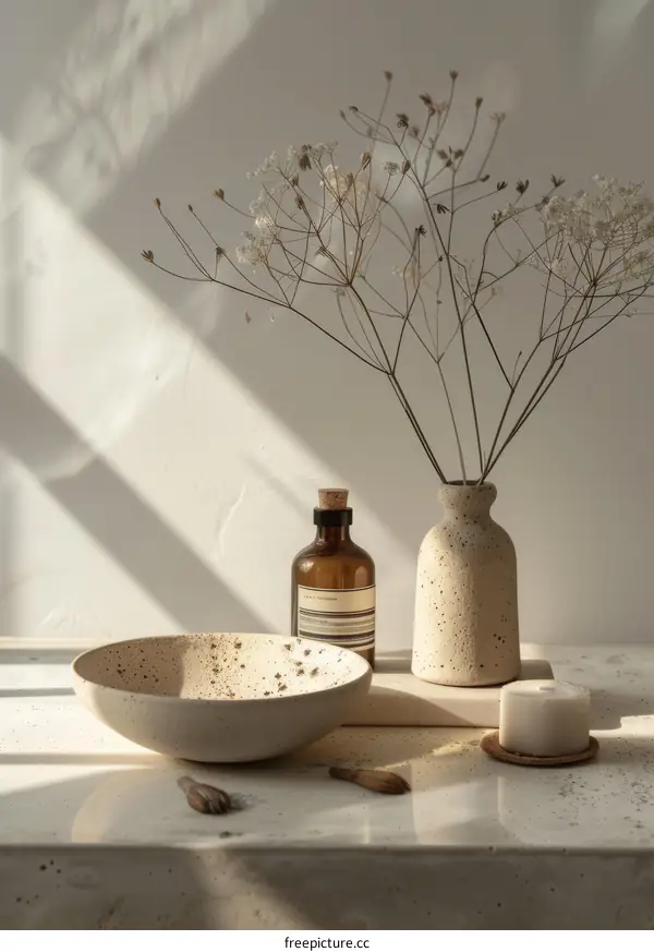 Dried flowers in ceramic vase and bowl on white table