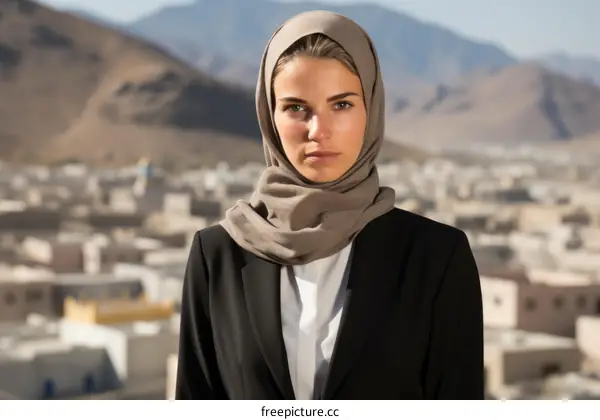 A young Muslim woman wearing a hijab is standing in front of a desert town.