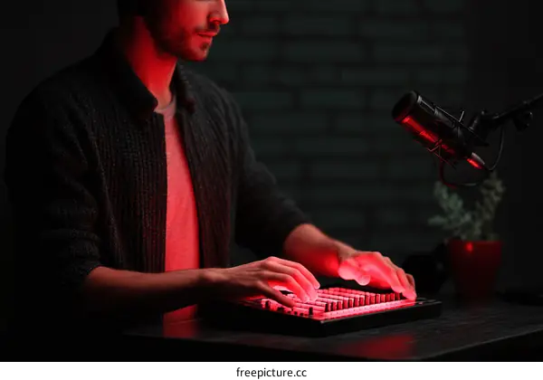 Musician Using Audio Interface in Recording Studio