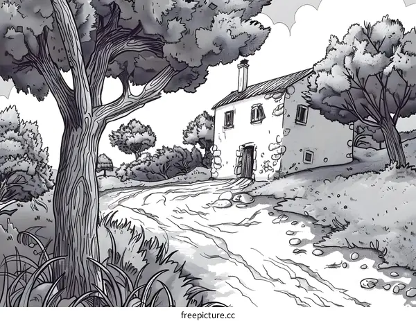 Hand Drawn Black and White Illustration Of A Country House With A Winding Path And Trees