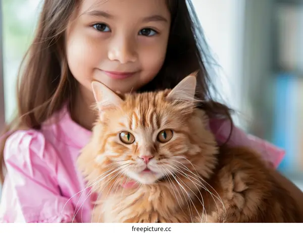 Little girl hugging a ginger cat