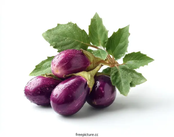Fresh Purple Eggplants with Green Leaves Isolated on White Background