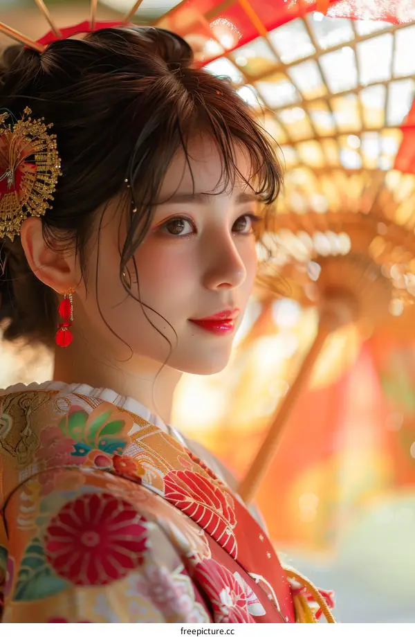 Portrait of a beautiful Japanese woman in traditional kimono
