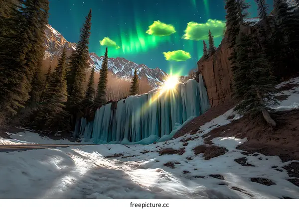 Frozen Waterfall With Aurora Borealis in the Night Sky