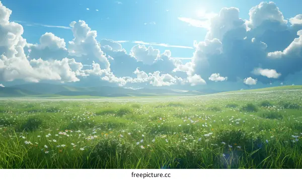 Field of Flowers Blooming Under a Blue Sky with White Clouds