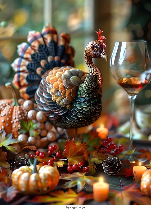 Thanksgiving Turkey with Pumpkins and Wine