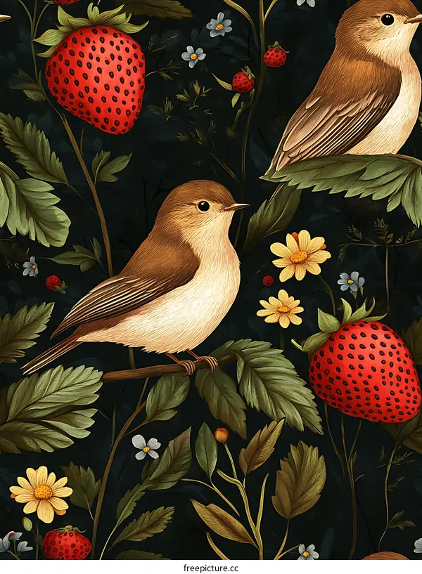 [seamless]Birds and Strawberries Pattern Design