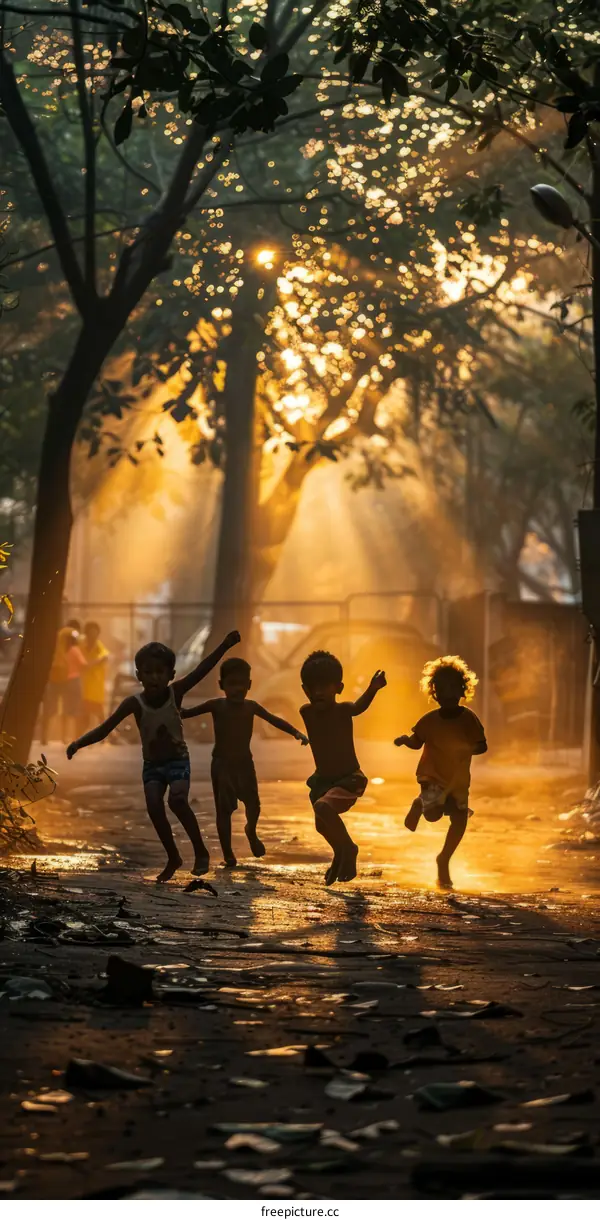 Four Indian children run through the street at sunset