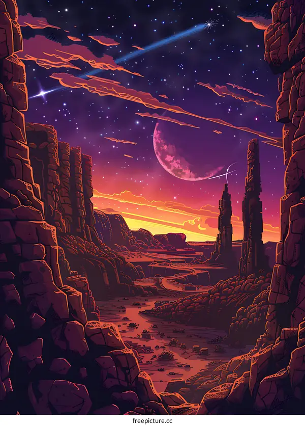 Alien Landscape with Sunset and Stars