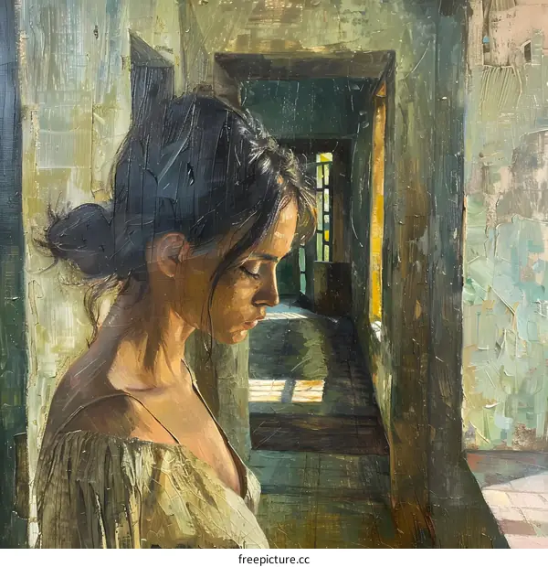 Woman in a  Corridor Looking  Out  a Window  with  Sunlight