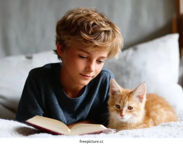 Boy Reading a Book with a Kitten on a Bed