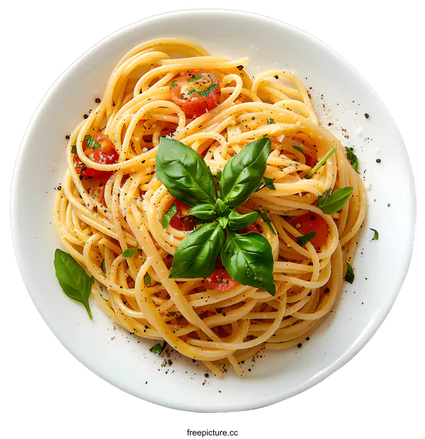 [Transparent Background PNG]Spaghetti with tomato and basil on plate