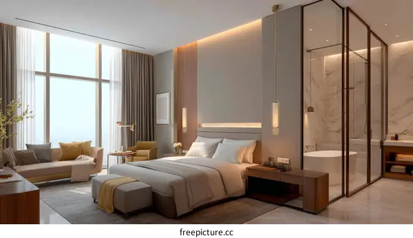 Modern Hotel Bedroom with Glass-Enclosed Bathroom