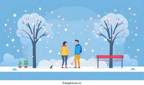 Couple Walking In Spring With Blooming Trees