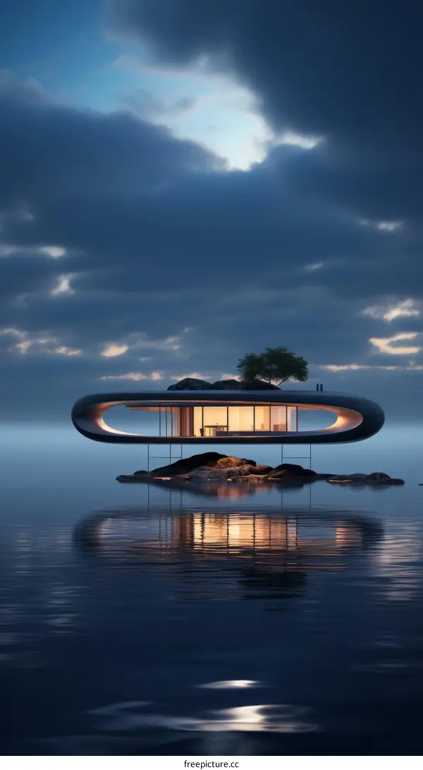A modern house floating on the water with a tree on the roof