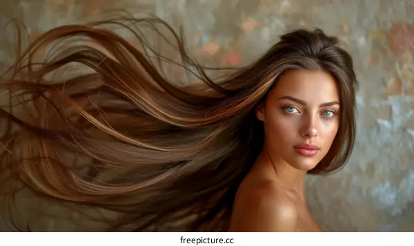 portrait of a beautiful young woman with long brown hair flowing in the wind