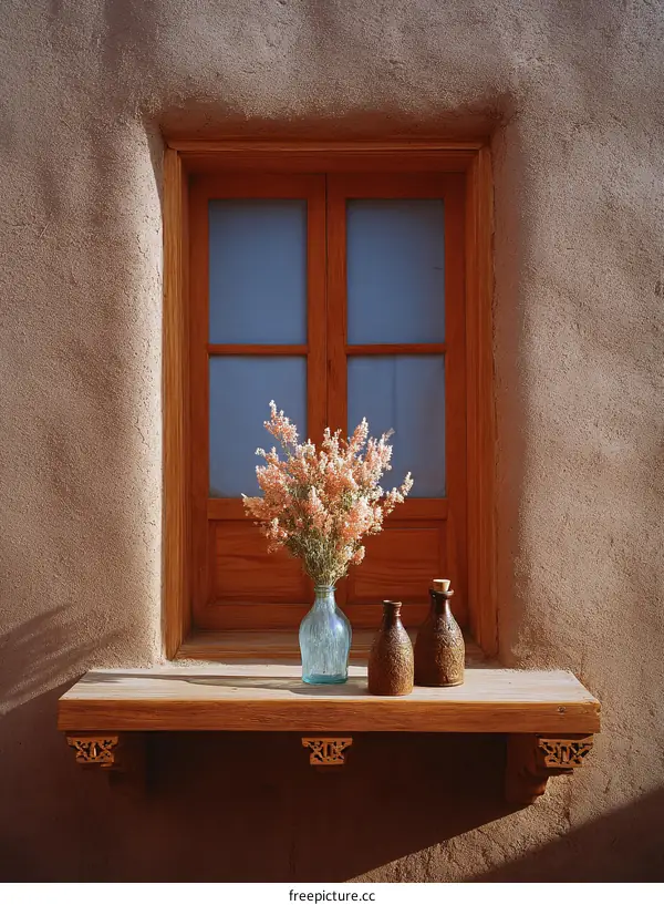 Wooden Window Sill with Decorated Bottles and Flowers