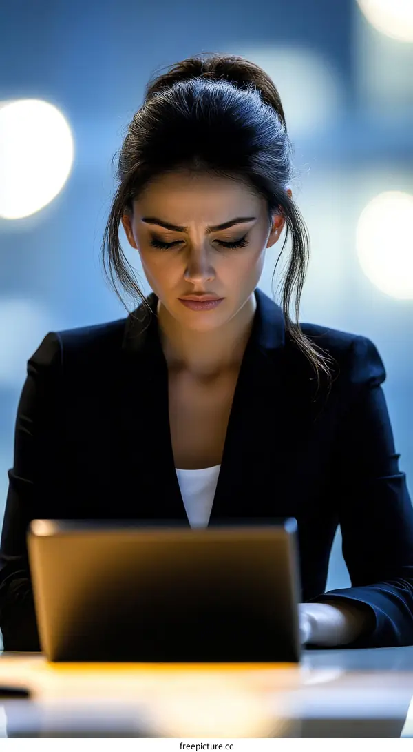Focused Business Woman Working on Laptop at Night