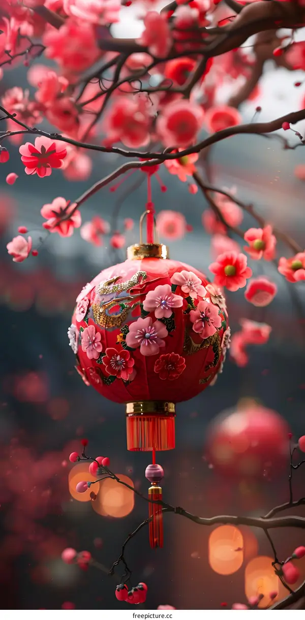 A red lantern hanging on a tree branch with pink flowers.