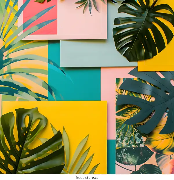 Tropical Leaves Pattern on Colorful Background