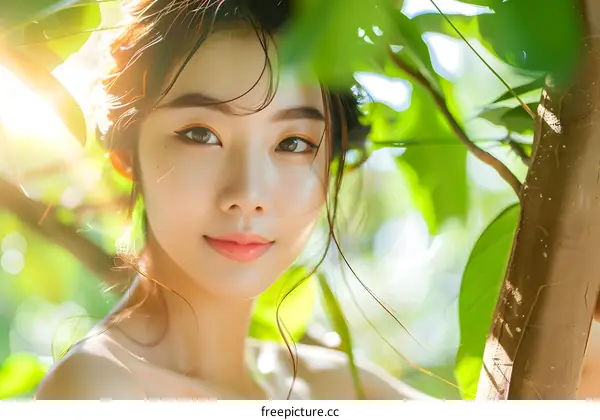 Beautiful Asian Woman with Natural Beauty in Sunlight and Green Leaves