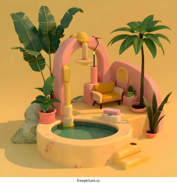 3D Minimalist Illustration of a Tropical Pool with Palm Trees