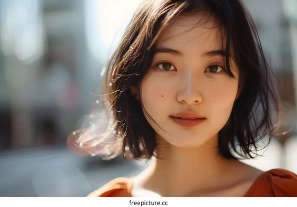 Closeup Portrait of a Young Asian Woman with Short Hair